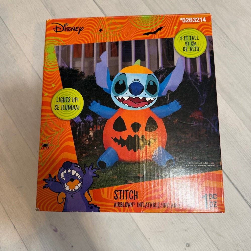 Disney Gemmy Stitch Halloween‎ Airblown Inflatable Lights Up Jack O Lantern 3 FT